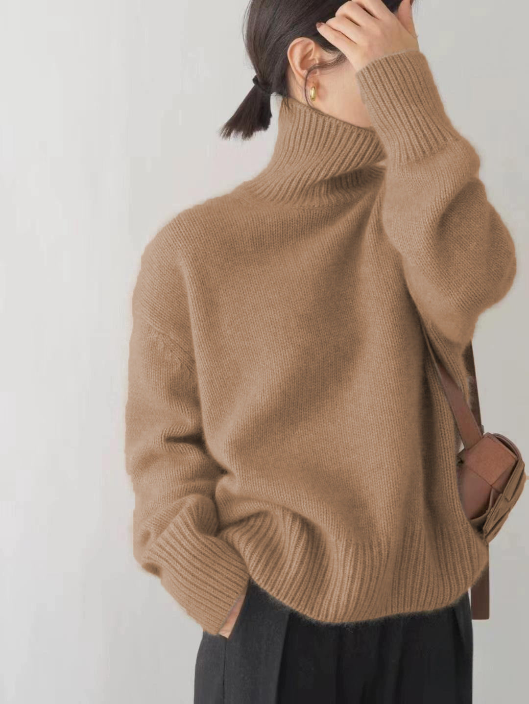 Strickpullover im Lazy-Style mit hohem Kragen für Damen weiche einfarbige Farbe lockere Innenbekleidung