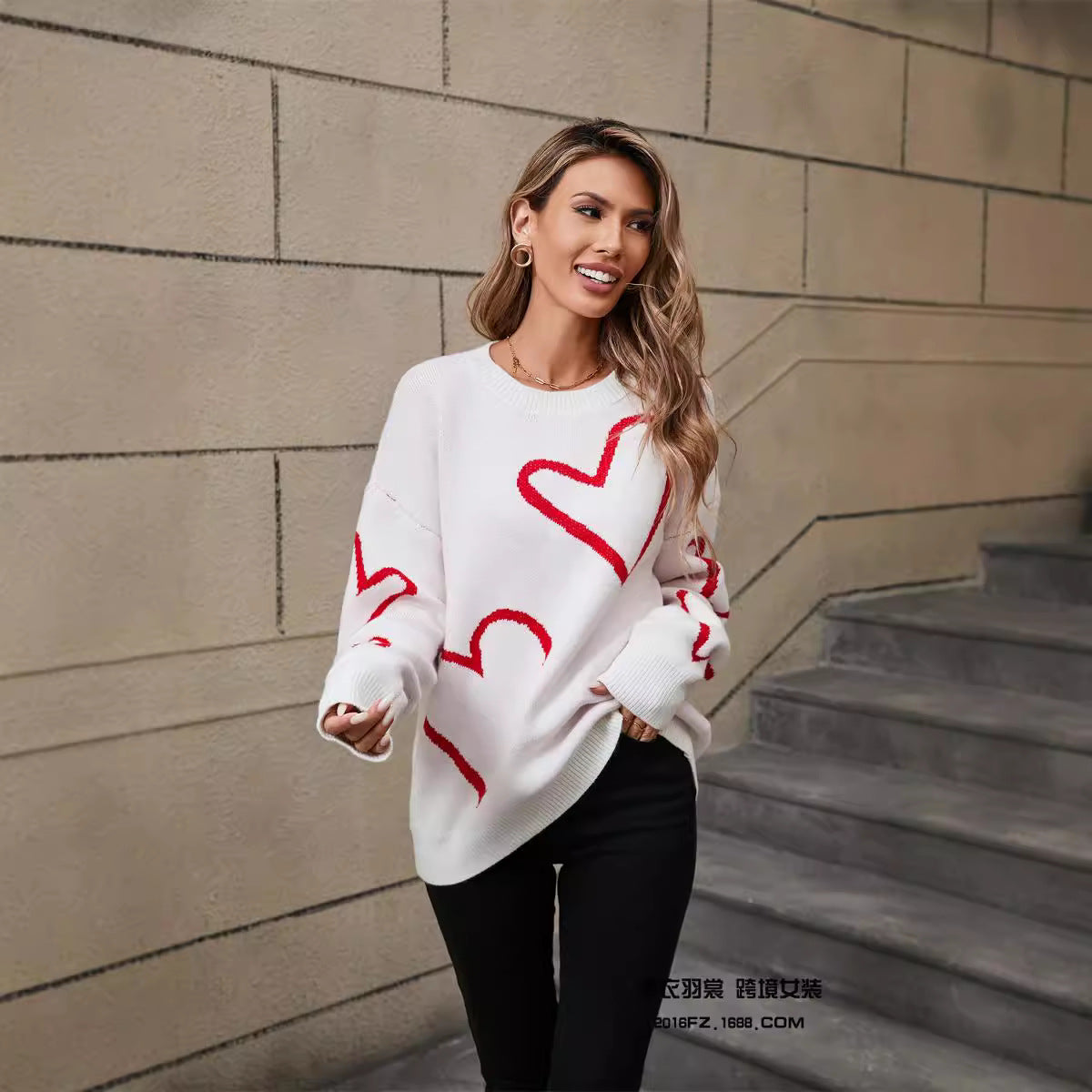 Herbst und Winter herzförmiger Rundhals-Strickpullover mit warmem