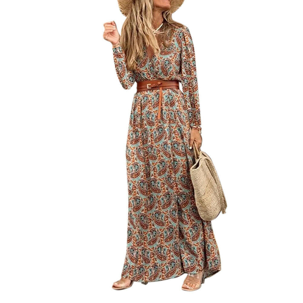 Langärmliges Böhmisches Kleid mit V-Ausschnitt und Blumenmuster