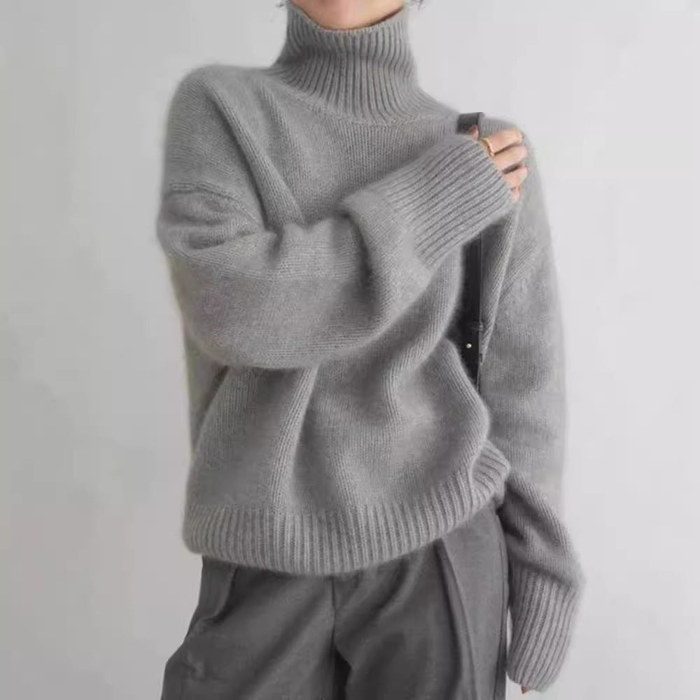 Strickpullover im Lazy-Style mit hohem Kragen für Damen weiche einfarbige Farbe lockere Innenbekleidung