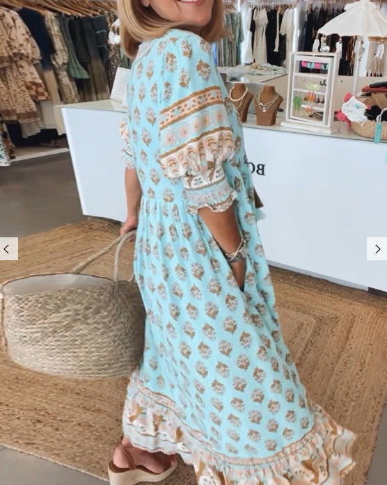 Bohemian V-Ausschnitt bedruckter Laternenärmel hoher Taille ausgestellter Rock