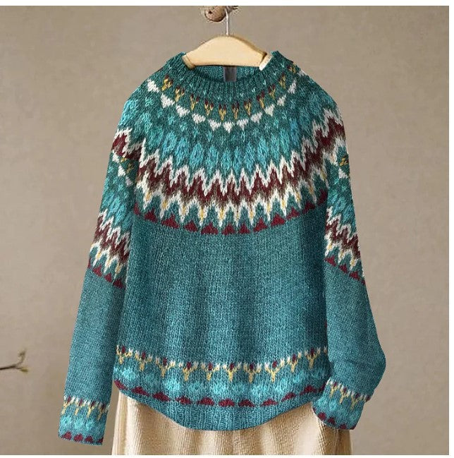 Mehrfarbiger lockerer Strickpullover mit Rundhalsausschnitt