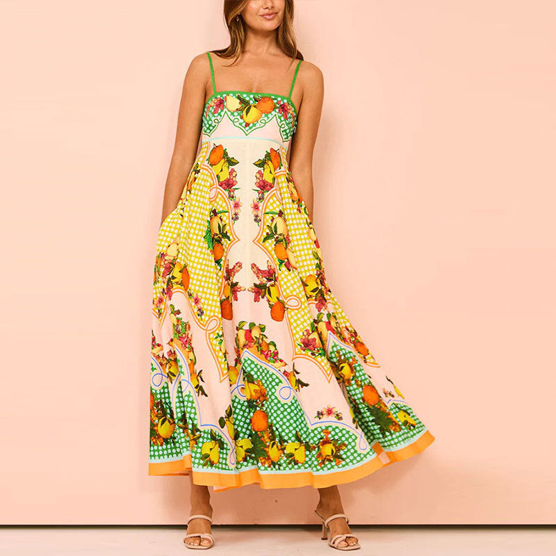 Böhmischer Stil Elegantes Freizeitkleid mit hoher Taille und bedrucktem Hosenträger