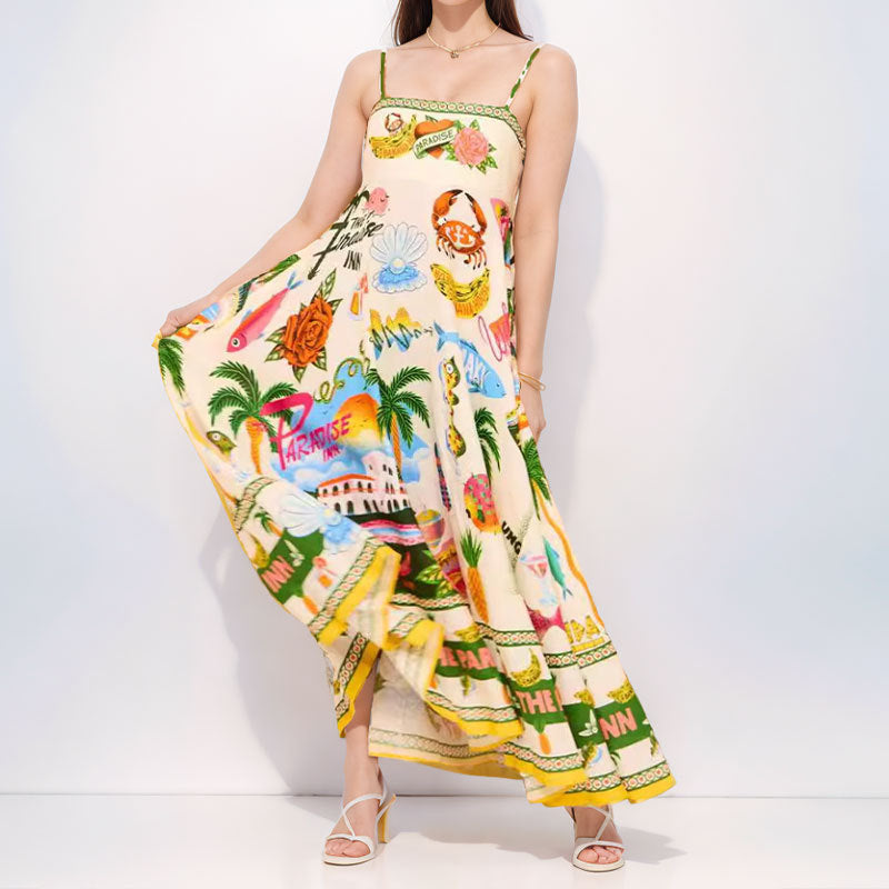 Böhmischer Stil Elegantes Freizeitkleid mit hoher Taille und bedrucktem Hosenträger
