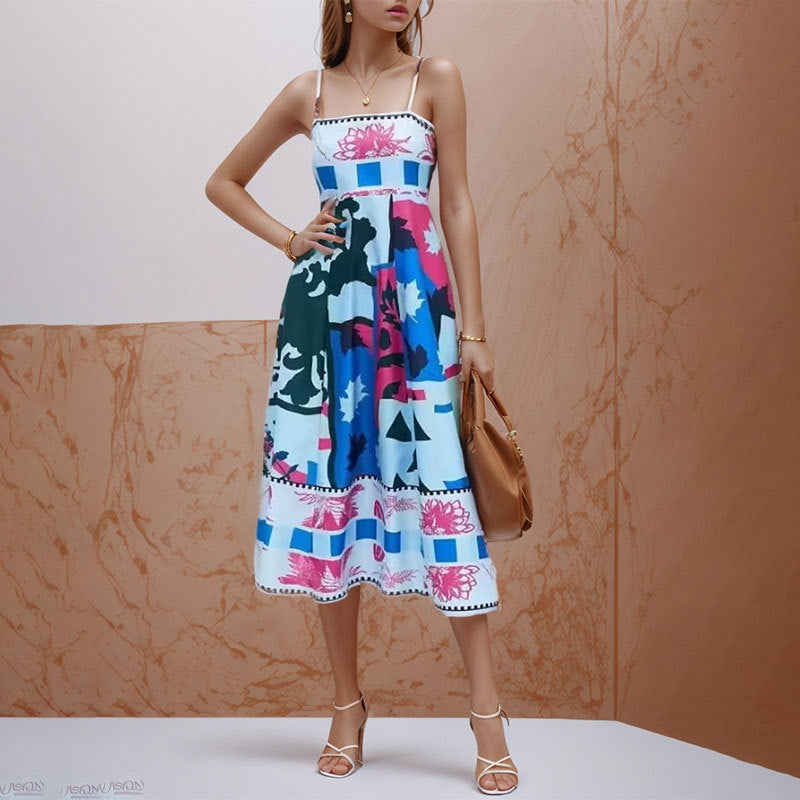 Böhmischer Stil Elegantes Freizeitkleid mit hoher Taille und bedrucktem Hosenträger