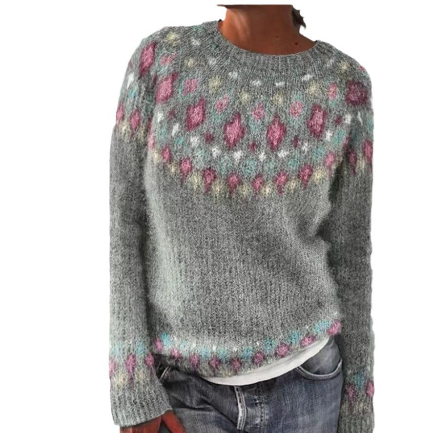Mehrfarbiger lockerer Strickpullover mit Rundhalsausschnitt