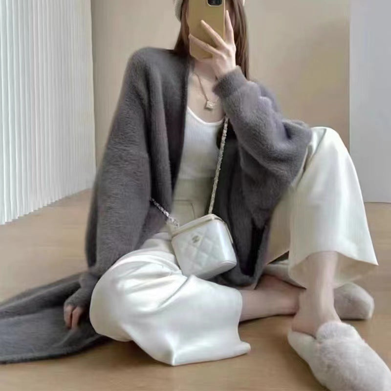 Knielange lockere Langarm-Pulloverjacke im Lazy-Style