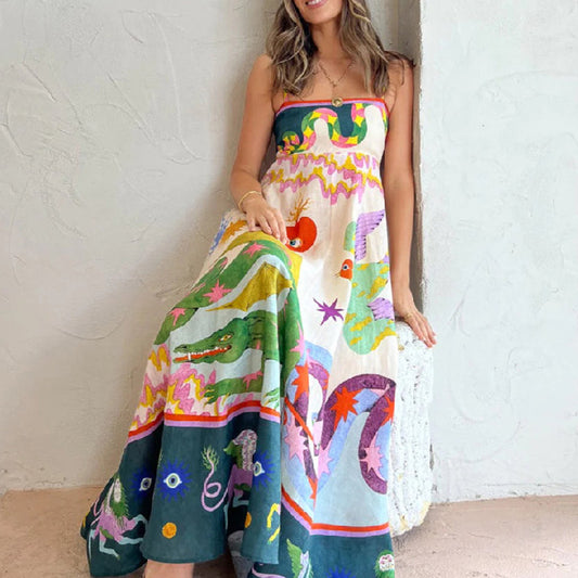Böhmischer Stil Elegantes Freizeitkleid mit hoher Taille und bedrucktem Hosenträger