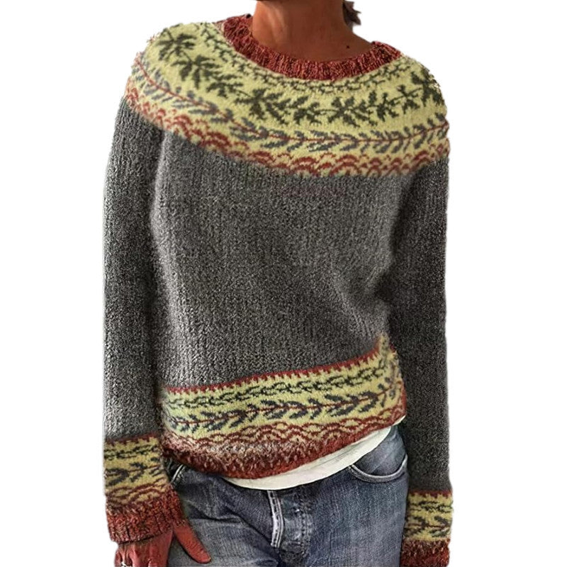 Mehrfarbiger lockerer Strickpullover mit Rundhalsausschnitt