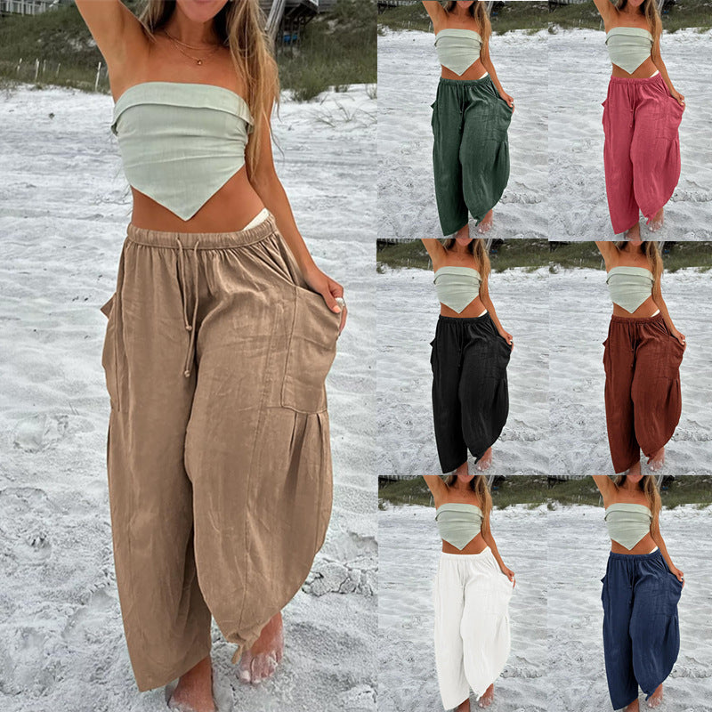 Damenhose mit elastischem Bund hoher Taille lockerer Passform und weitem Bein