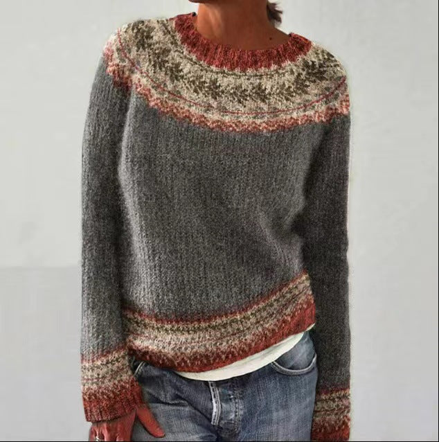 Mehrfarbiger lockerer Strickpullover mit Rundhalsausschnitt