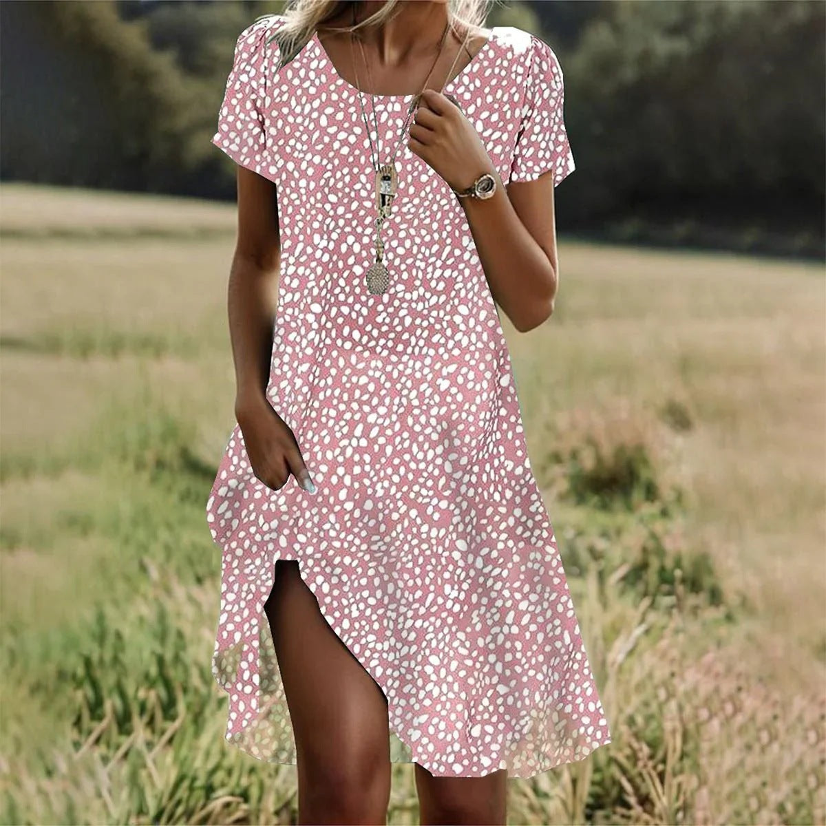 Sommer liches hohles langes Kleid im literarischen Folk-Stil