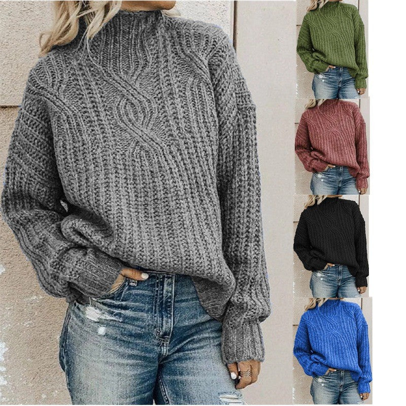 Rollkragenpullover aus grobem Strick in einfarbiger Farbe