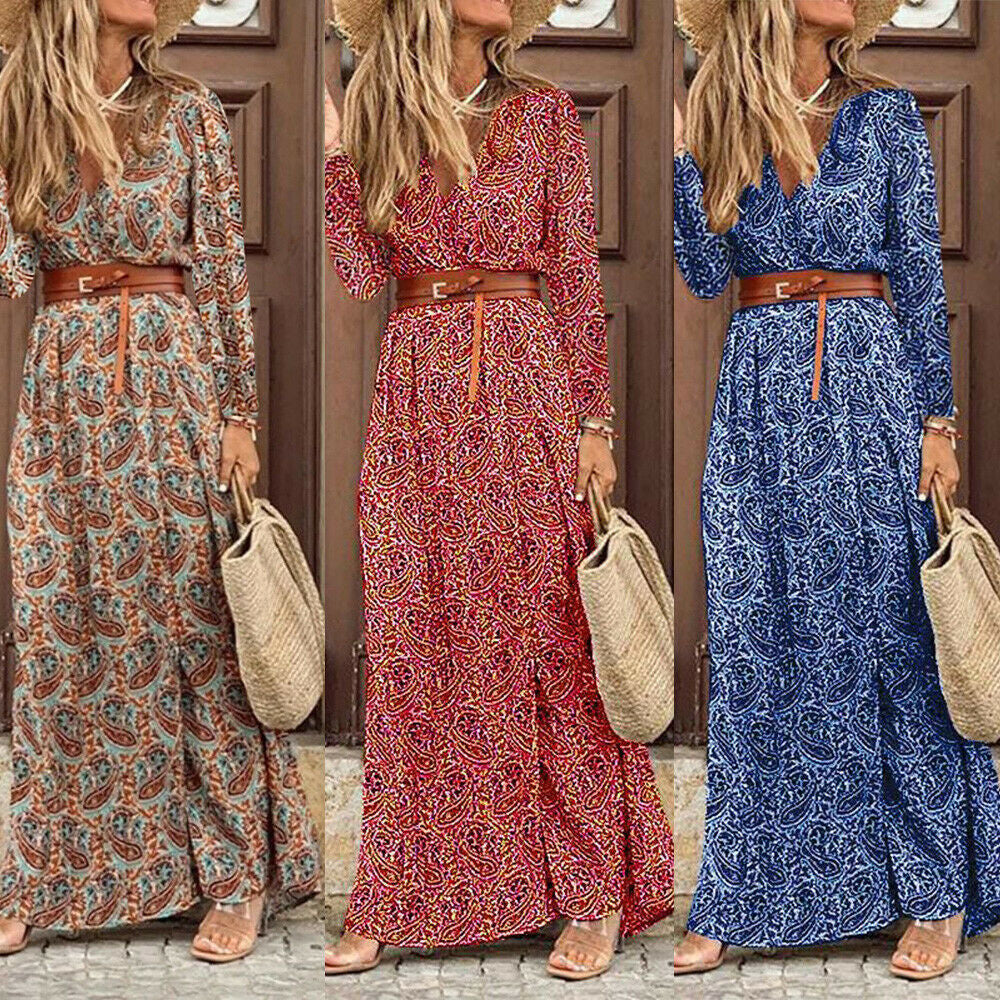 Langärmliges Böhmisches Kleid mit V-Ausschnitt und Blumenmuster