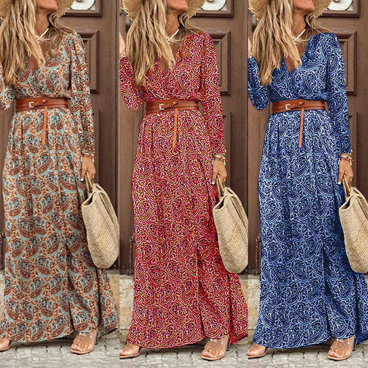 Langärmliges Böhmisches Kleid mit V-Ausschnitt und Blumenmuster