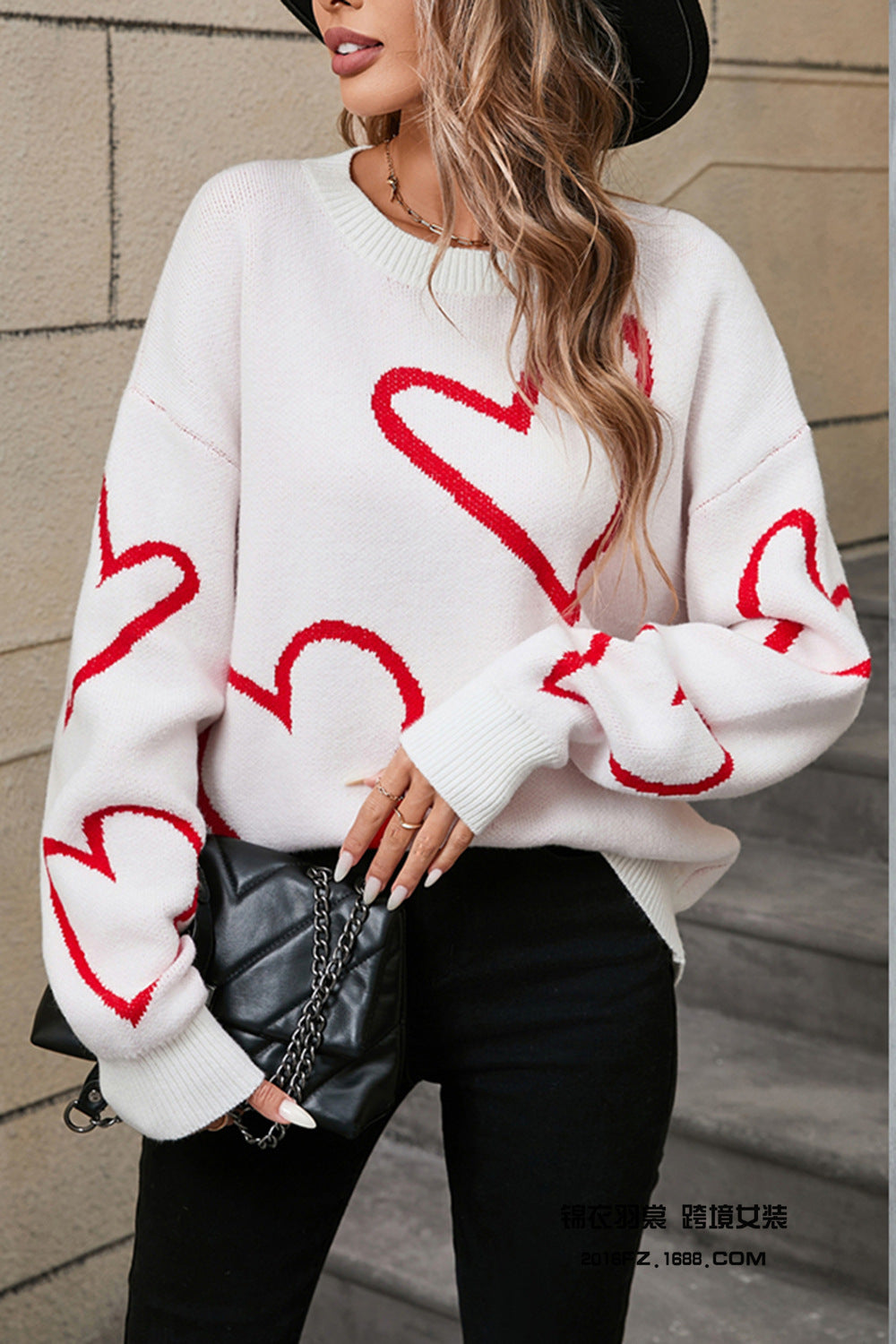 Herbst und Winter herzförmiger Rundhals-Strickpullover mit warmem