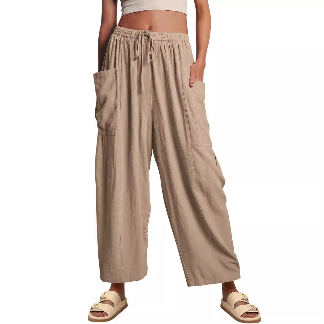 Damenhose mit elastischem Bund hoher Taille lockerer Passform und weitem Bein