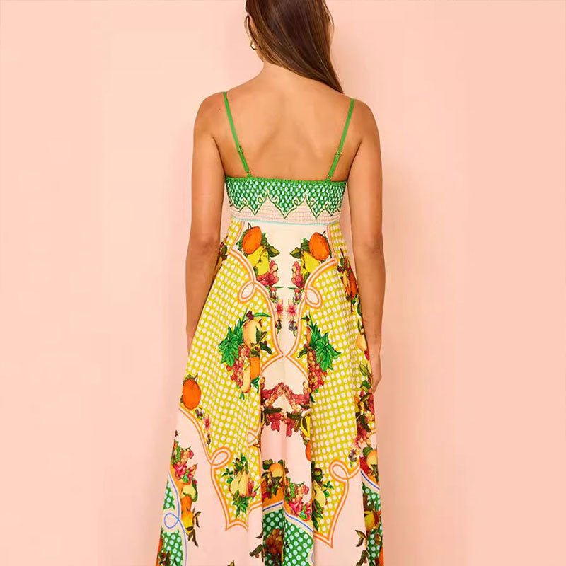 Böhmischer Stil Elegantes Freizeitkleid mit hoher Taille und bedrucktem Hosenträger