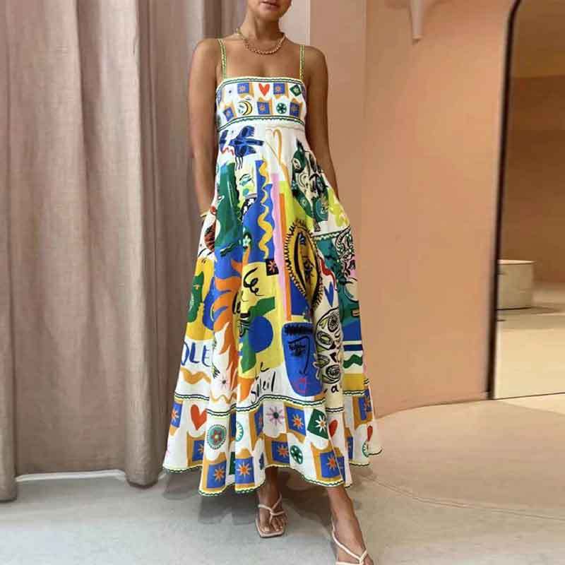 Böhmischer Stil Elegantes Freizeitkleid mit hoher Taille und bedrucktem Hosenträger